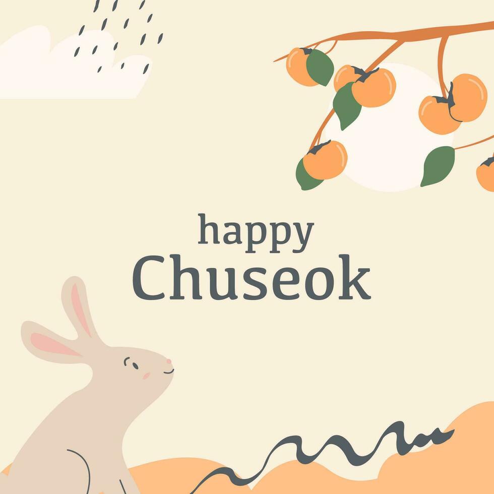 A persimmon tree brunch with fruits and rabbit looking at full moon. Greeting card for thanksgiving day in Korea. Korean traditional harvesting holiday. Happy Chuseok translation in english. Vector. vector