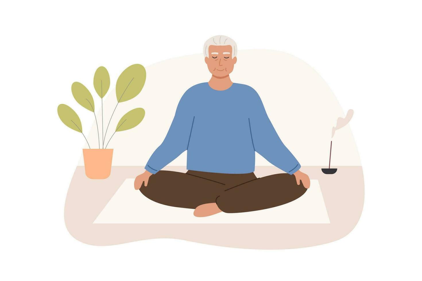 Modern elderly female with crossed legs and closed eyes meditating at home. Senior old age woman sitting cross-legged and practicing yoga. Meditation, abdominal breathing spiritual practice. Vector. vector