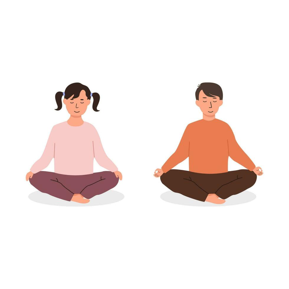 Diverse kids meditating. Children doing yoga exercise. Meditation lesson in kindergarten concept. Set of different race young female and male characters sitting on floor calmly. Vector illustration.