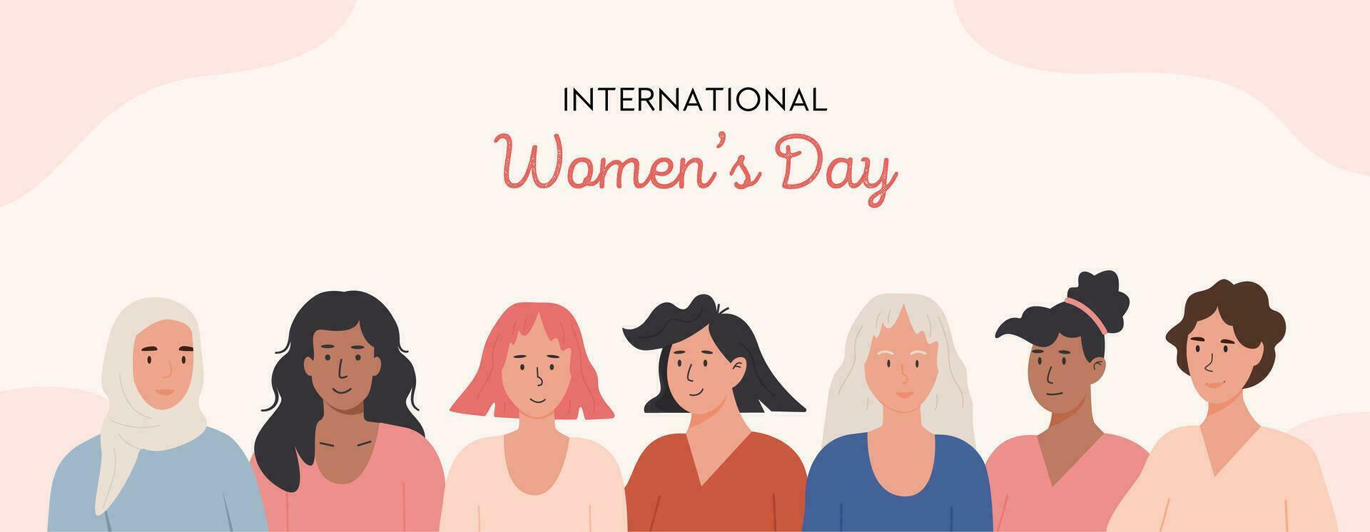 International Womens Day greeting horizontal banner. Crowd of multinational woman together vector flat illustration. Smiling diverse female. Happy multiethnic adult woman. Feminism and equal rights.