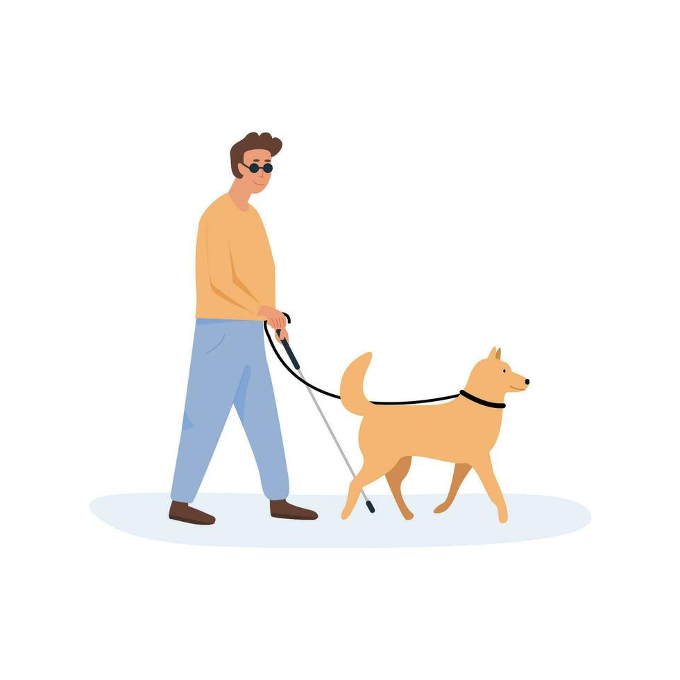 un guía perro con ciego persona caminando juntos. conjunto de personas con invalidez utilizando ayuda de perro. colección de plano estilo caracteres. vector ilustración.