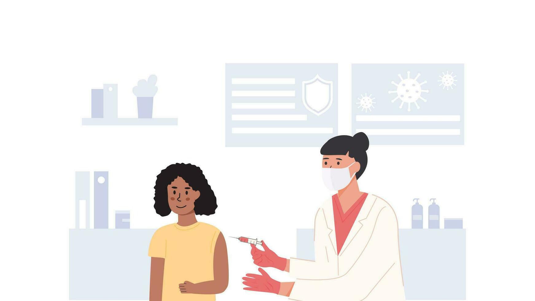 School Vaccination concept. Banner with caption Children Vaccination. A schoolgirl getting a shoot. A nurse or doctor wearing face mask and holding syringe with vaccine jab. Vector illustration.