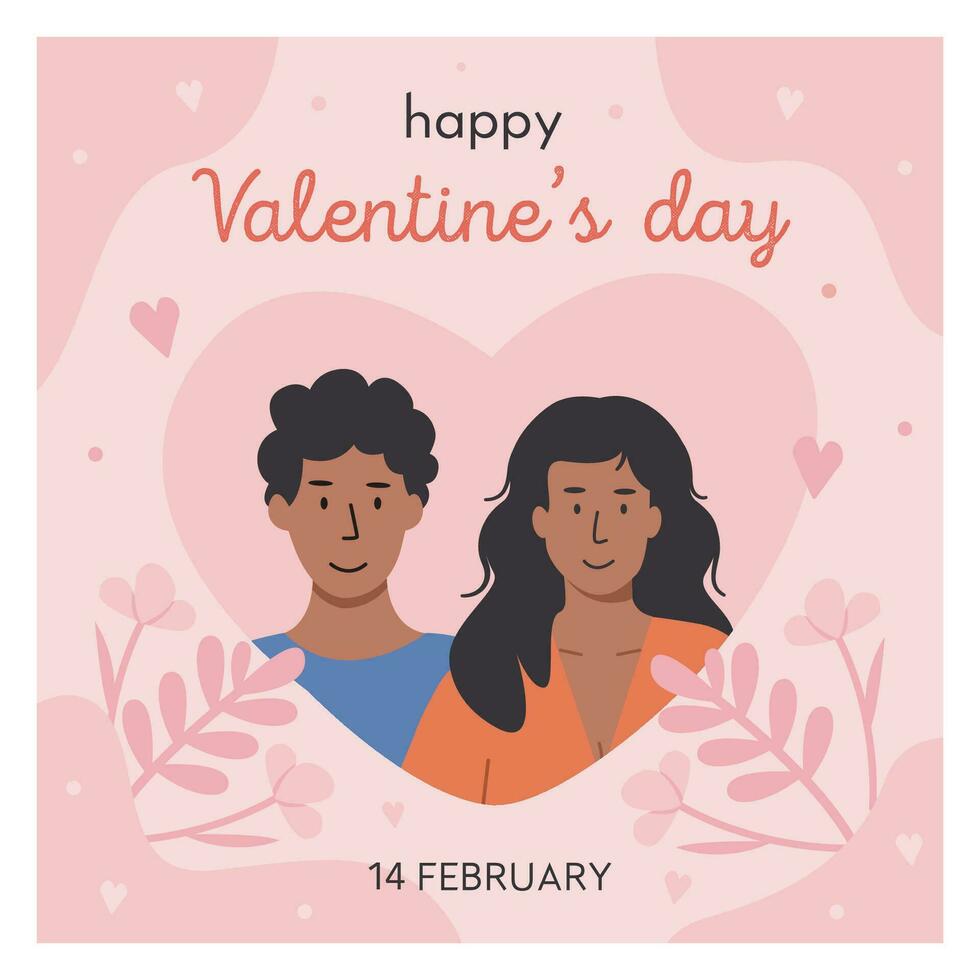 Happy Valentines Day greeting card. Cute romantic couple in heart and decorative design. Trendy abstract square templates for social media posts, banners and ads. Vector illustration in flat style.