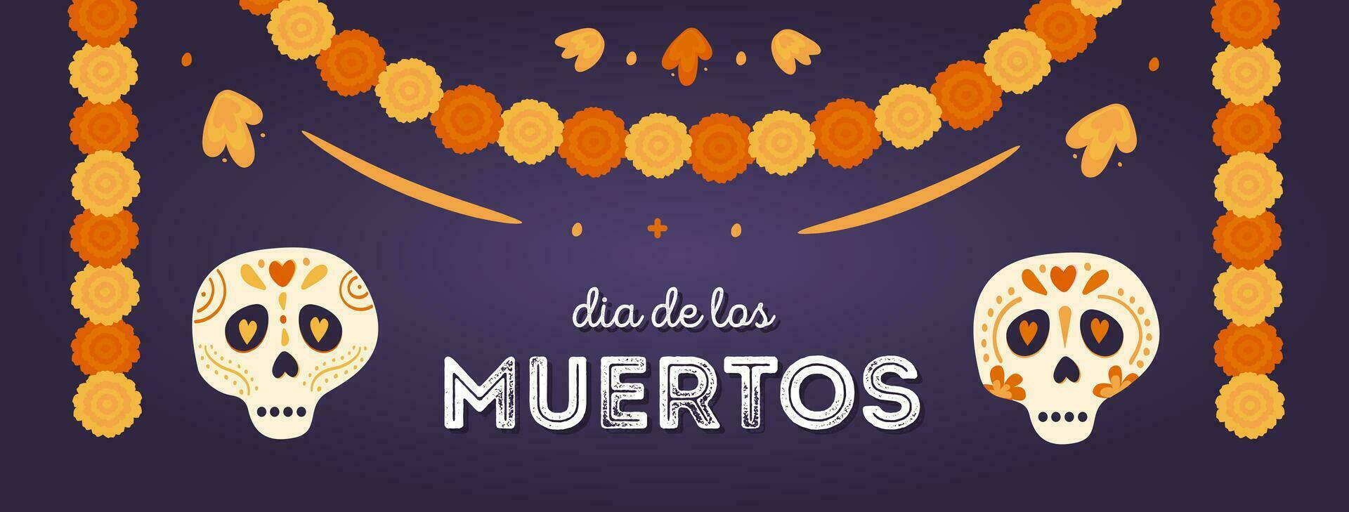 Dia de los muertos. Horizontal banner with sugar skulls and marigold floral garlands decoration. Mexican national holiday Day of the dead. Vector hand drawn illustration in flat style.