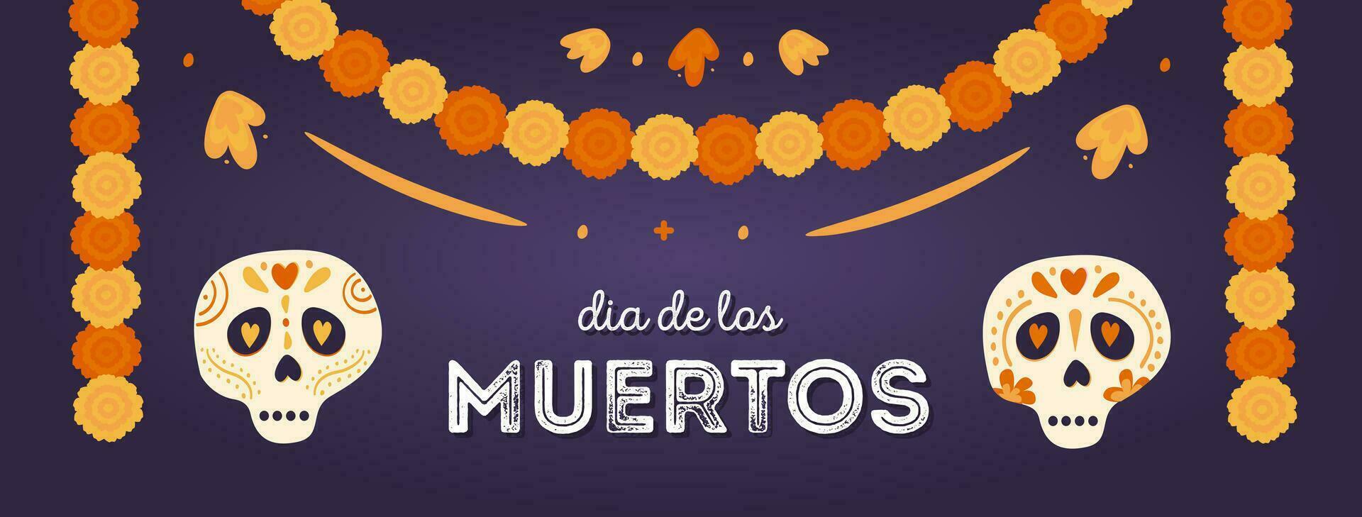 dia Delaware los muertos. horizontal bandera con azúcar calaveras y maravilla floral guirnaldas decoración. mexicano nacional fiesta día de el muerto. vector mano dibujado ilustración en plano estilo.