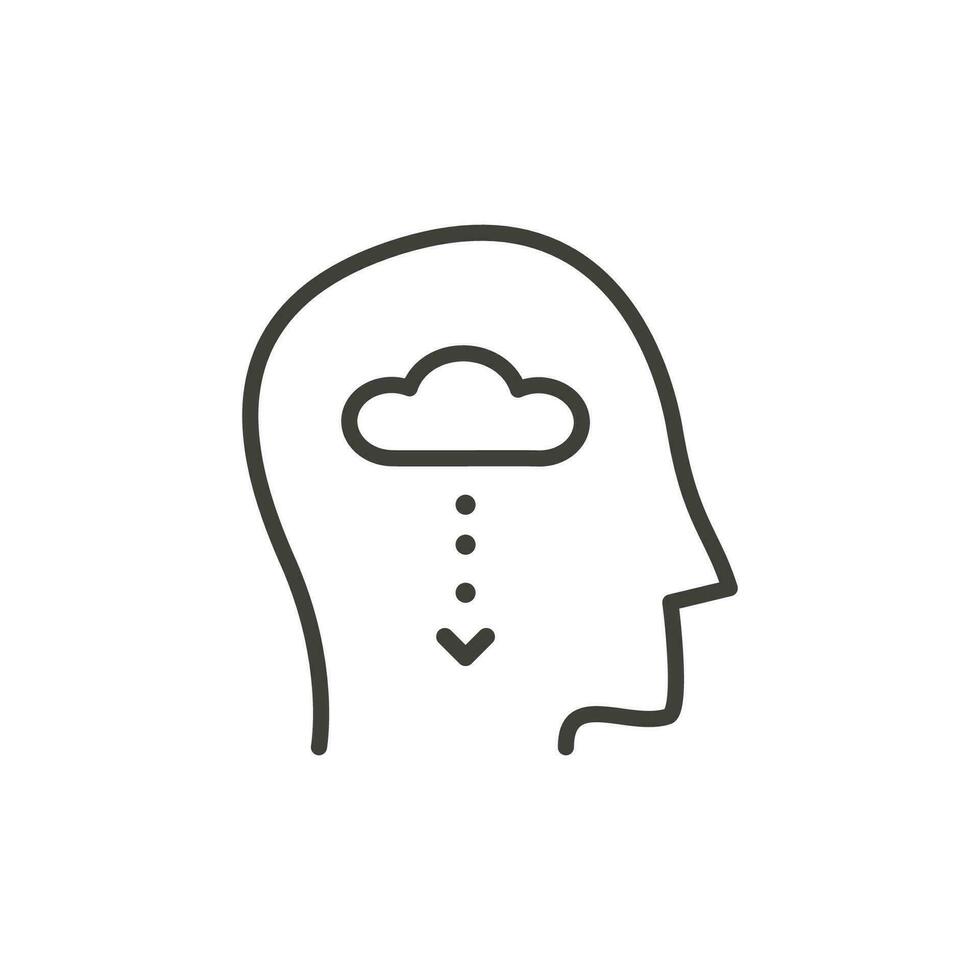 Vector outline icon of head with cloud storage and arrow. Machine Learning, Artificial Intelligence, Cloud Computing and Networks Design Concept. Seasonal Affective Disorder.