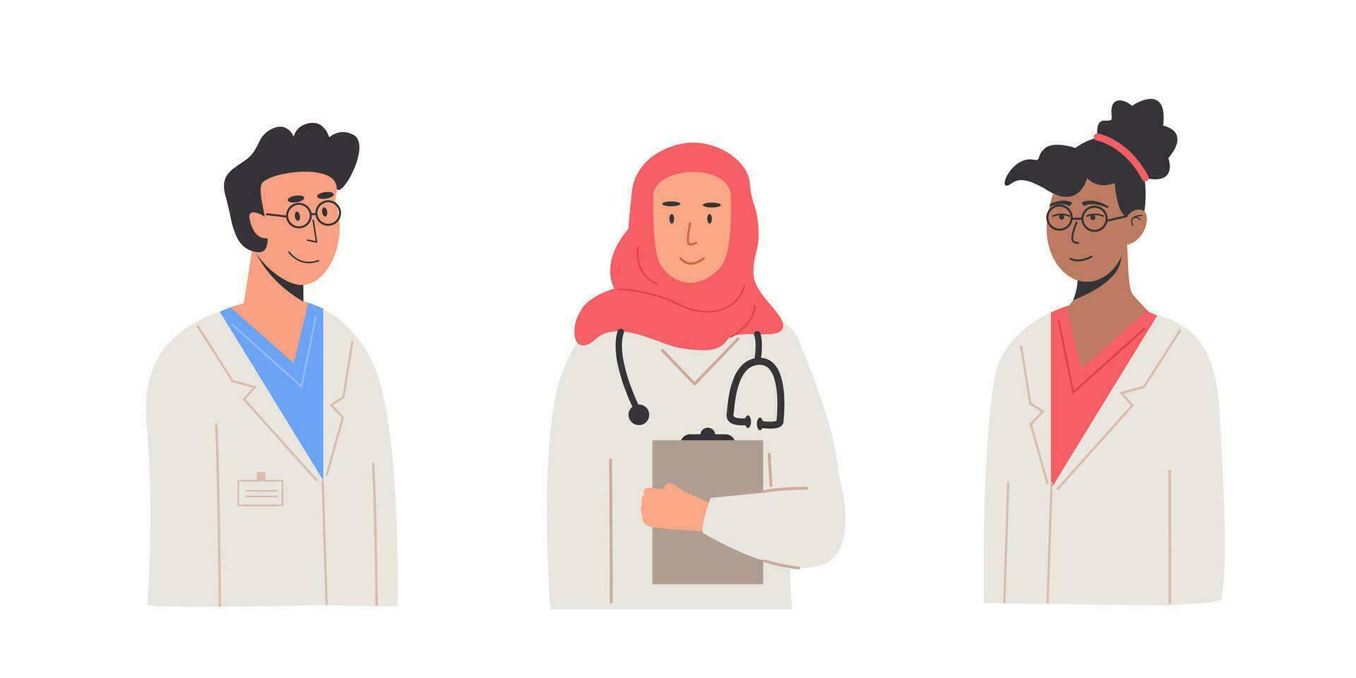 Diverse smiling doctors, nurses, paramedics. Portraits of male and female medic workers in uniform with stethoscopes and medical history notepad. Healthcare hospital therapist. Vector illustration set