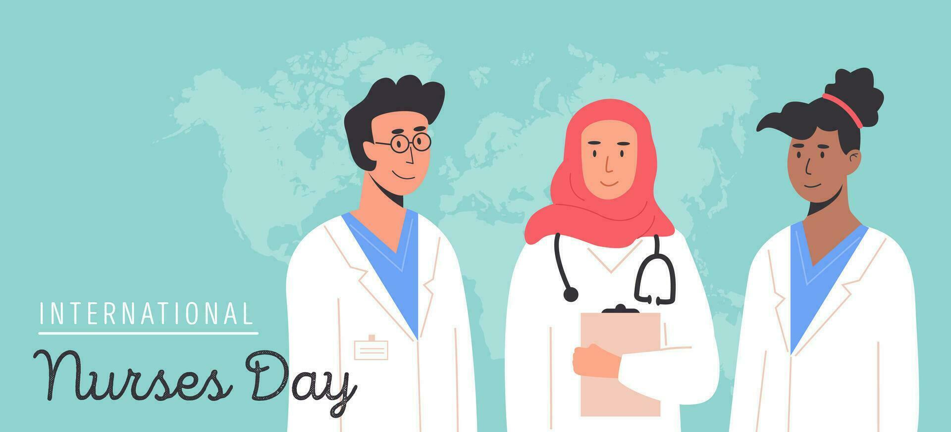 International nurses day horizontal web banner template. Medical staff or female doctor with stethoscopes holding medical history notepad on background with world map. Vector flat style illustration.