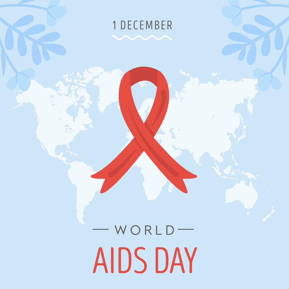 World AIDS Day card. Red awareness ribbon. HIV and AIDS symbol or emblem. Social media post or banner template. Vector illustration in flat style.