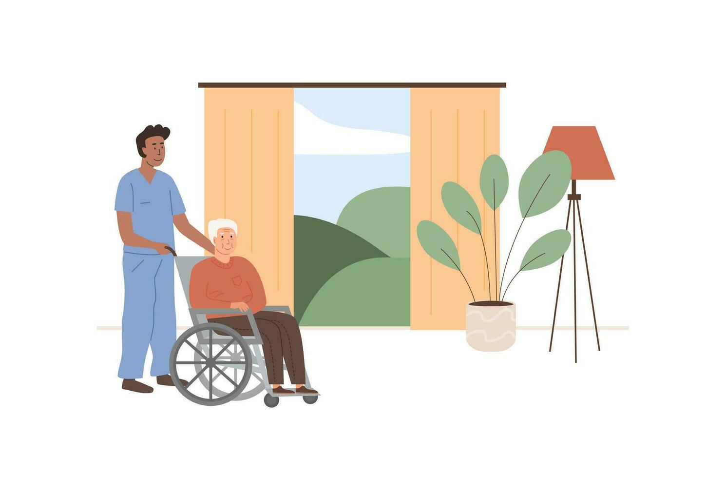 Residential care facility. A caretaker with old man on wheelchair. A bedroom in nursing home, retirement home. Scene of elderly person with social worker at home. Concept of assisted living. vector