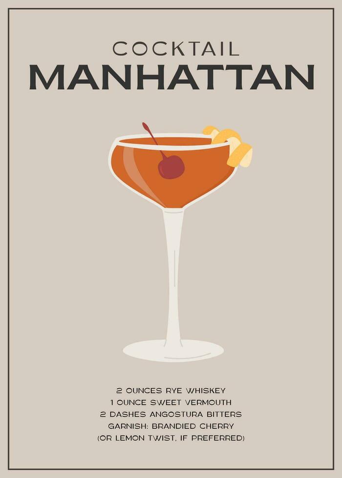 Manhattan Classic Cocktail garnished with maraschino cherry. Classic alcoholic beverage recipe wall art print. Summer aperitif poster. Minimalist alcoholic drink placard. Vector illustration.
