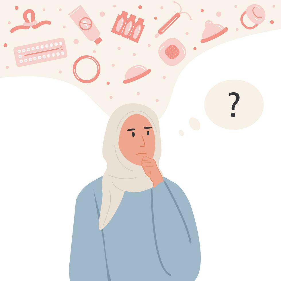 Pensive woman choosing contraception method. Thoughtful female person thinking about contraceptives. Concept of safe sex and birth control. Vector flat illustration.