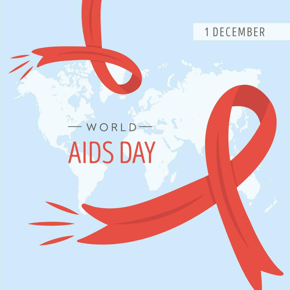 World AIDS Day card. Red awareness ribbon. HIV and AIDS symbol or emblem. Social media post or banner template. Vector illustration in flat style.