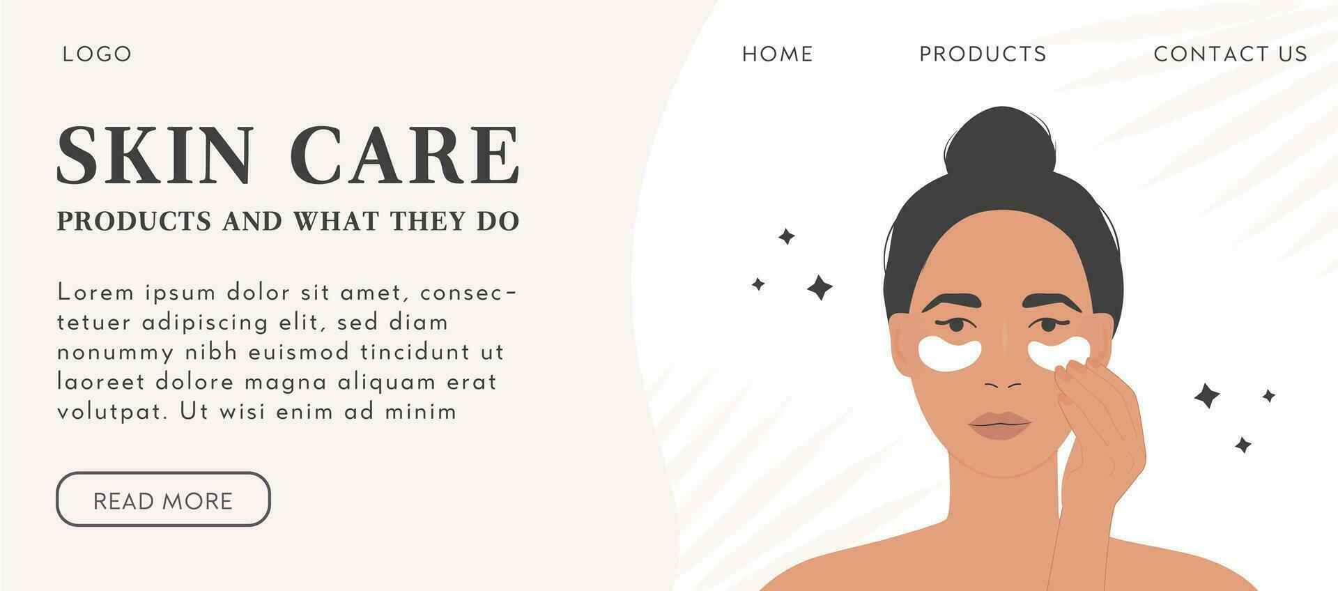 Woman with eye patches. Skin care routine horizontal banner or landing page template with place for text. Cosmetic spa procedures for face. Vector illustration in flat cartoon style.
