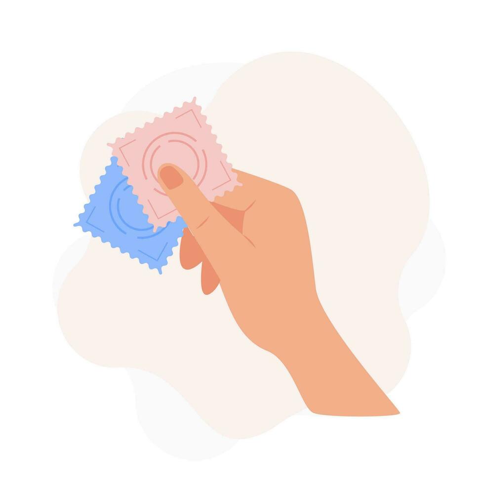 Person holding in hand different types of contraception. Birth control methods concept. Condom and hormonal contraceptive pills for safe sex. Vector flat illustration isolated on white background.