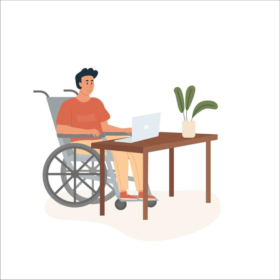 joven moderno discapacitado hombre mujer en silla de ruedas trabajando a computadora en cómodo oficina. concepto de diverso personas empleo con discapacidades plano vector ilustración aislado en blanco.