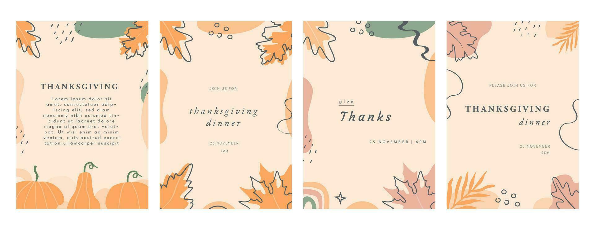 Set of Happy Thanksgiving Invitation Cards with leaves, pumpkins, geometric shapes and strokes. Abstract vertical banner or background with copy space for text. Vector illustration.