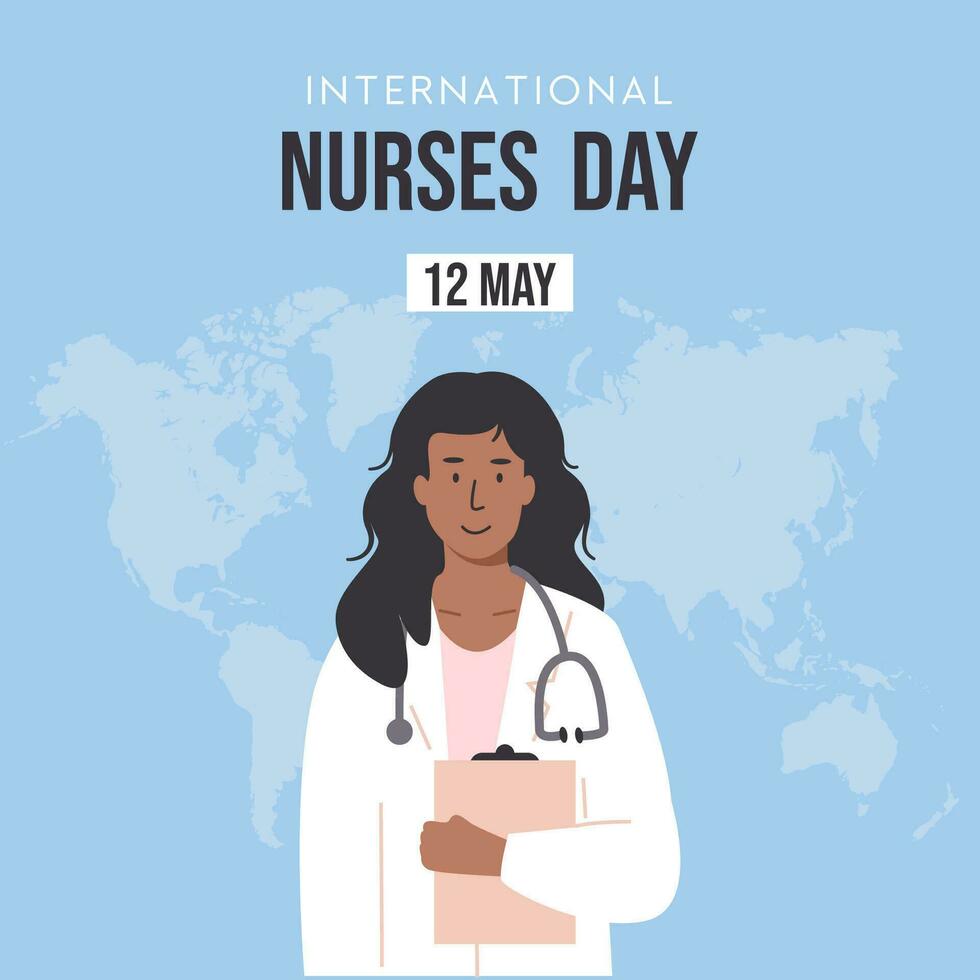 International nurses day square web banner template or greeting card. Medical staff, diverse team of female and male doctors on background with world map. Vector flat style illustration.