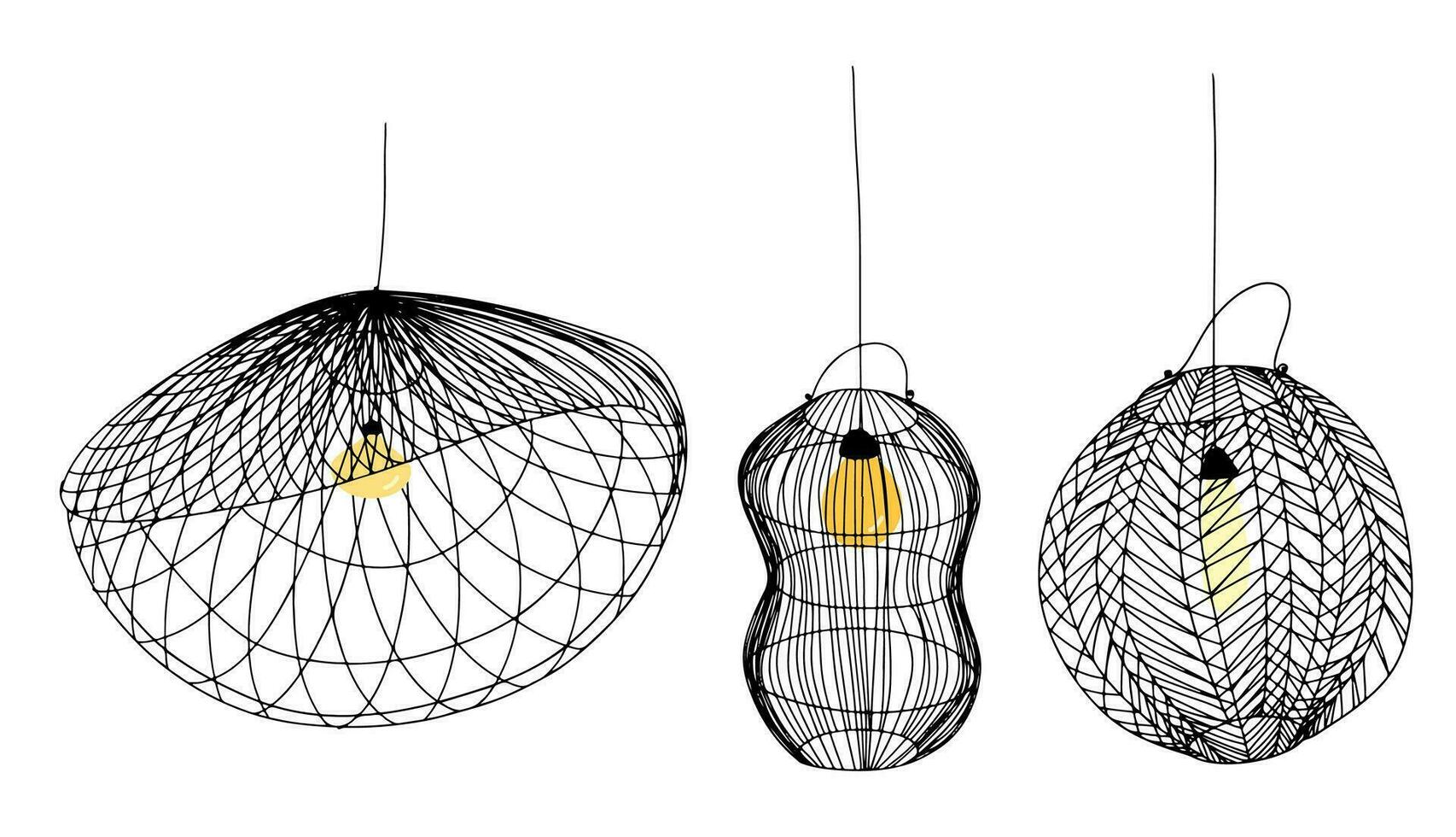 Set of 3 rattan lamps in doodle style. vector