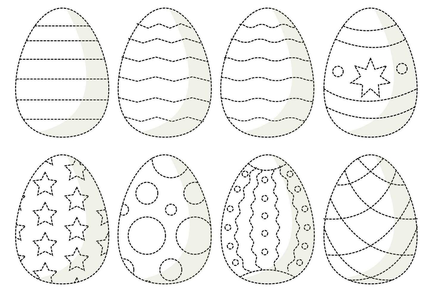 vector set with line graphic Easter eggs with ornament for tracing and painting