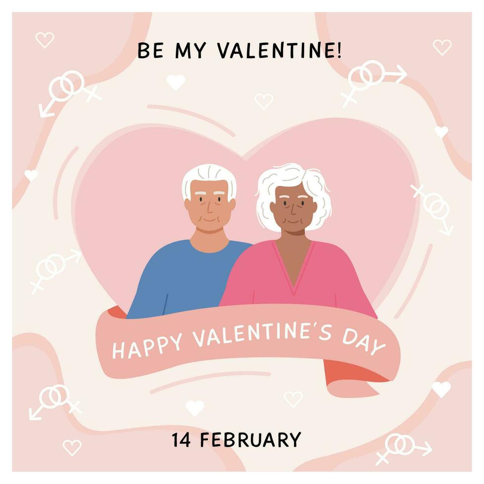 Happy Valentines Day square greeting card with modern senior people. Elderly cute grandmother and grandfather in love. Diverse old age couple. Vector illustration in flat style.