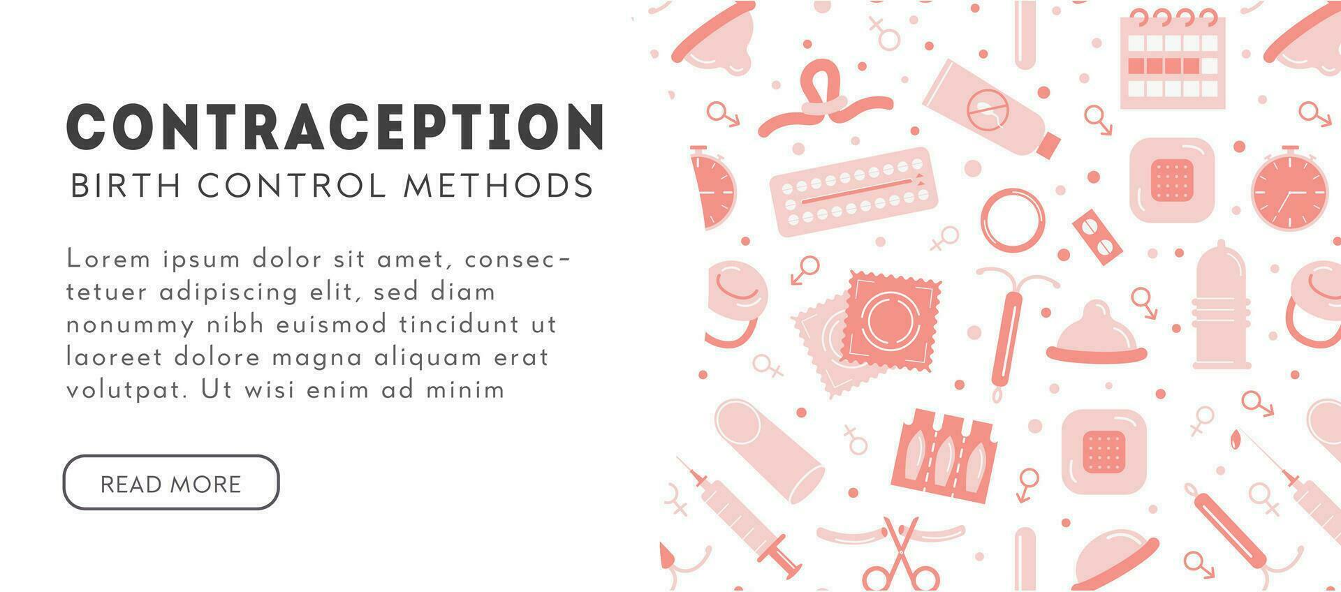 Birth control methods horizontal banner template with place for text. Contraception colored flat icons. Vector elements for safe sex. Female and male contraceptive items. Flat style background.