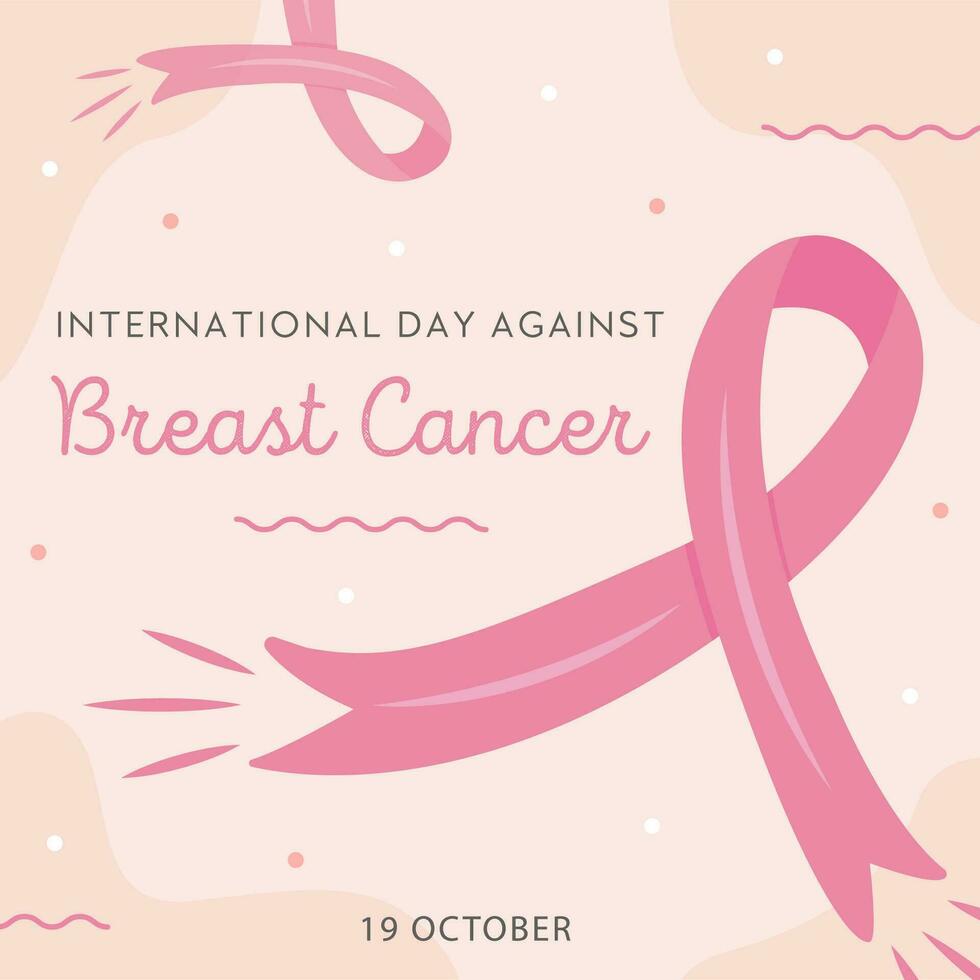 Breast Cancer awareness month card. Vector square banner template with pink cartoon ribbons. Mammary cancer solidarity campaign. Early detection saves lives caption. Illustration in flat style.