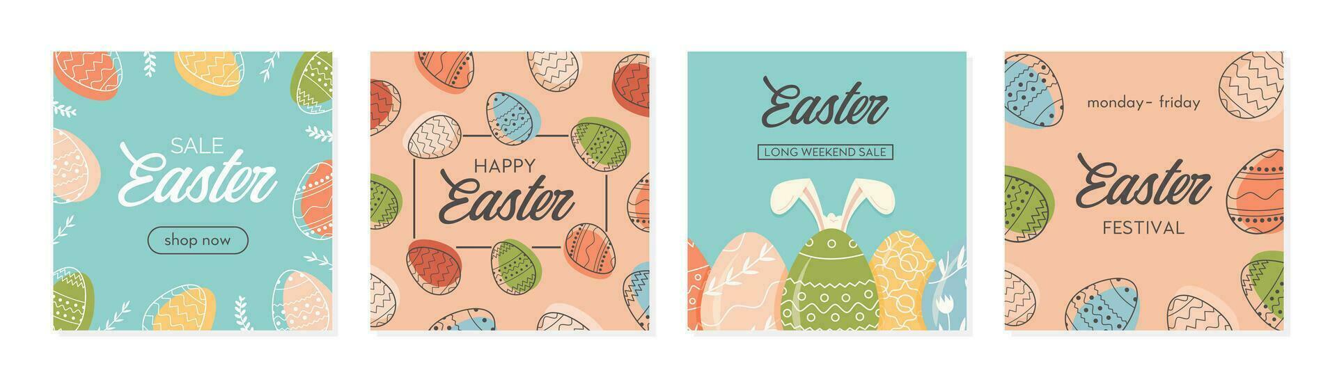 Happy Easter set of sale banners, greeting cards, posters, holiday covers or social media post. Trendy Easter square abstract templates. Modern art in minimalist style. Vector illustration.