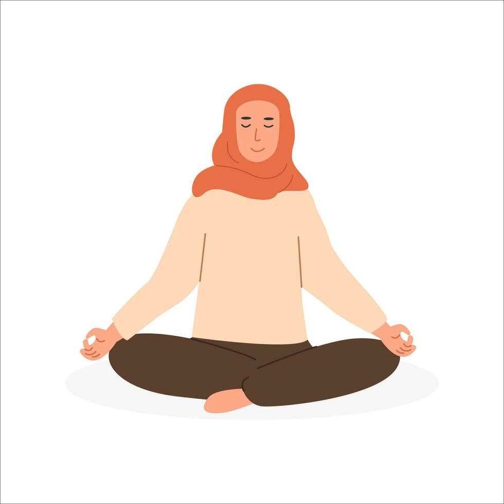 embarazada musulmán mujer meditando a hogar. prenatal yoga. moderno árabe mamá en hijab sentado con piernas cruzado practicando meditación. relajante ejercicio durante el embarazo. plano estilo vector ilustración.