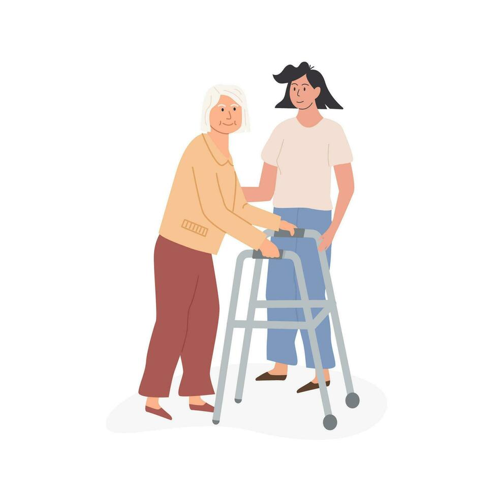 A caregiver and old age woman with walker outdoors. Assisted living concept. Volunteer helping elderly lady. Scene of social worker walking with senior person in nature. Vector flat illustration.