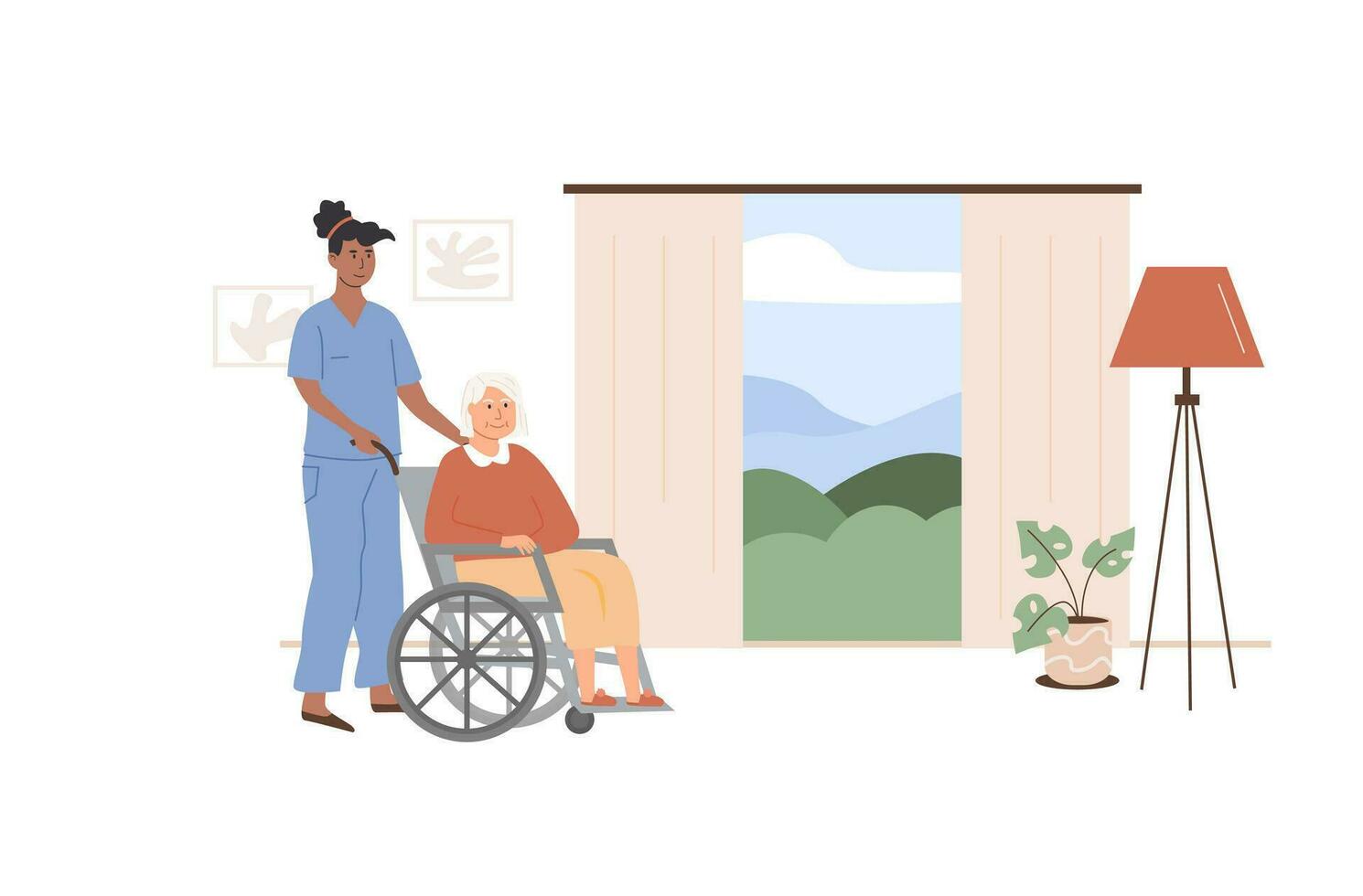 Residential care facility. Social worker taking care of disabled elderly person on wheelchair. Old age woman living in senior house. Home care services for retired people. Vector flat illustration.