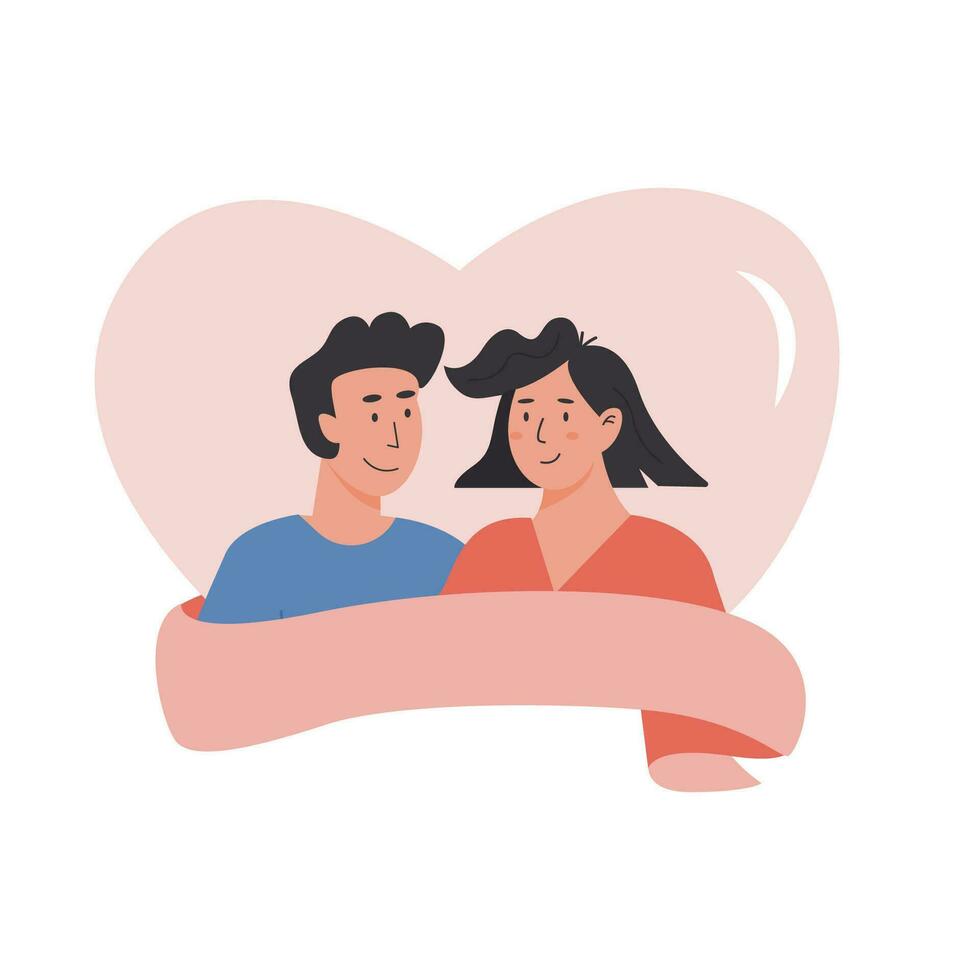 Happy Valentines Day greeting card. Cute romantic couple in heart and decorative design. Trendy abstract square templates for social media posts, banners and ads. Vector illustration in flat style.