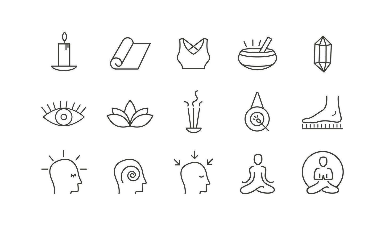Yoga vector set. Outline icon collection for buddhist retreat, spiritual practice or Vipassana meditation. Sadhu board. Head with different mental state.