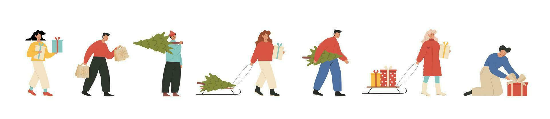 Big set of happy merry people wearing face mask, walking carrying wrapped gift boxes and sled with Christmas tree. Men and women preparing presents for Xmas and New year. Vector illustration.