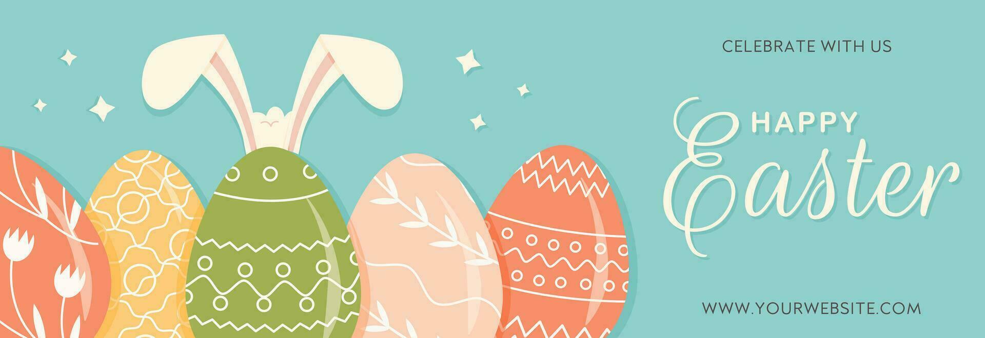 Festive frame template with trendy outlined geometric pattern on Easter Eggs. Decorative horizontal banner with Easter eggs on blue background. Vector border for holiday with place for text.