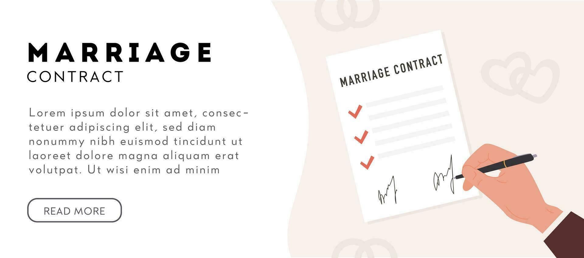 A person hand with pen signing marriage contract. Prenup signed certificate banner template. Prenuptial agreement form with check marks and signatures. Divorce document. Vector flat style illustration