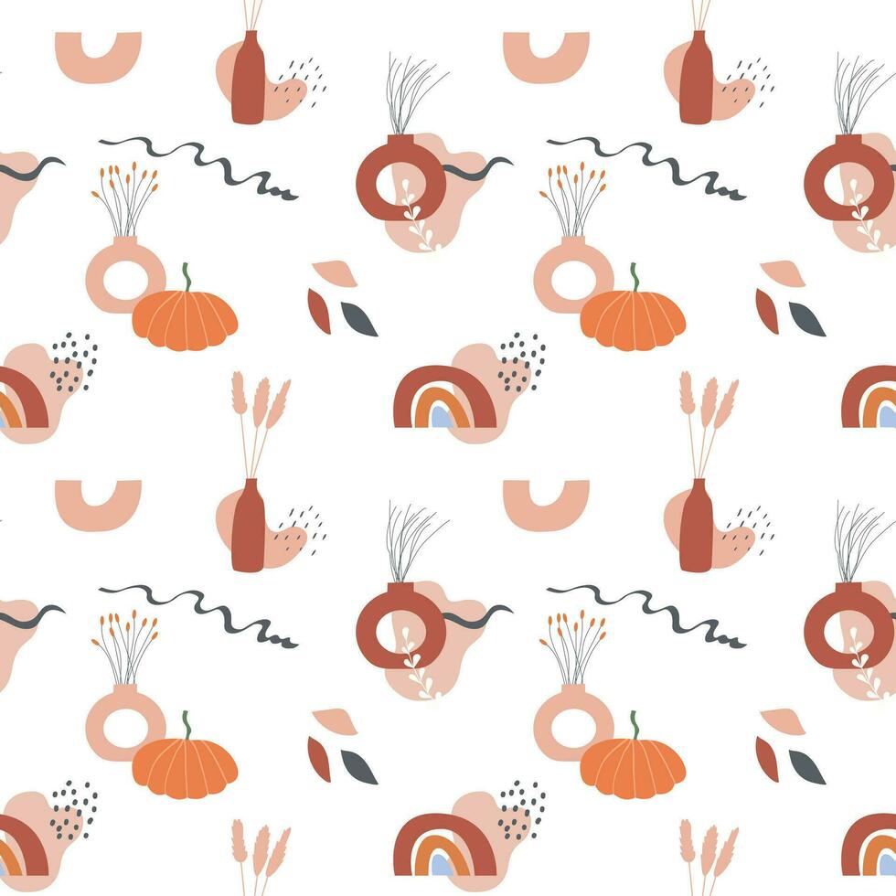 Boho art aesthetic seamless pattern with autumn arrangements of ceramic vases with dry leafs and plants. Repeatable background with pumpkin, rainbow and abstract shapes. Flat style vector illustration