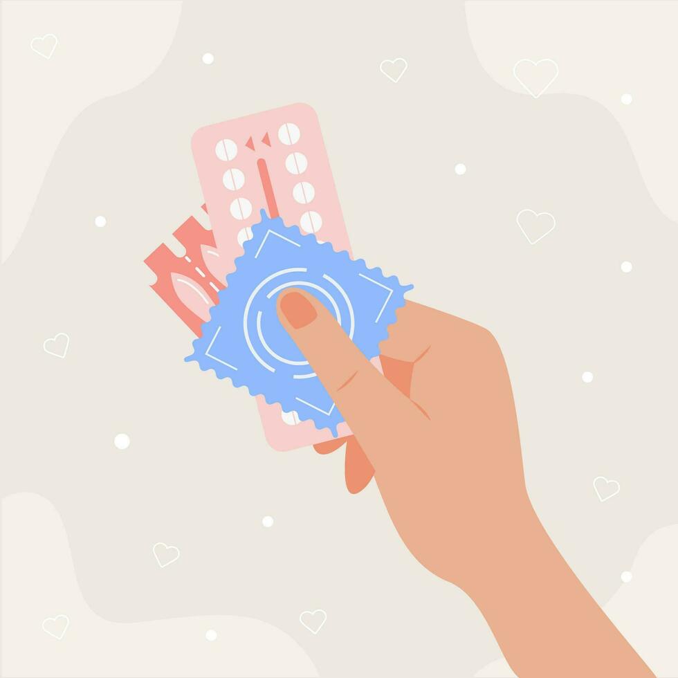 Person holding in hand different types of contraception. Birth control methods concept. Condom and hormonal contraceptive pills for safe sex. Vector flat illustration isolated on white background.