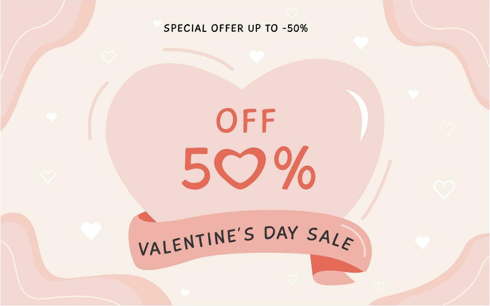 Happy Valentine's Day horizontal banner with a hearts. Trendy Valentines day sale template in pink pastel colours and flat style. Vector background with copy space for text.