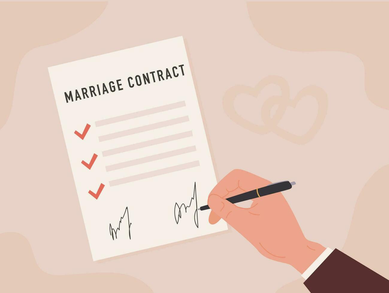 Marriage contract flat style colored icon. Prenup signed certificate. Prenuptial agreement form with check marks, two hearts and signature. Divorce document. Vector illustration isolated on white.