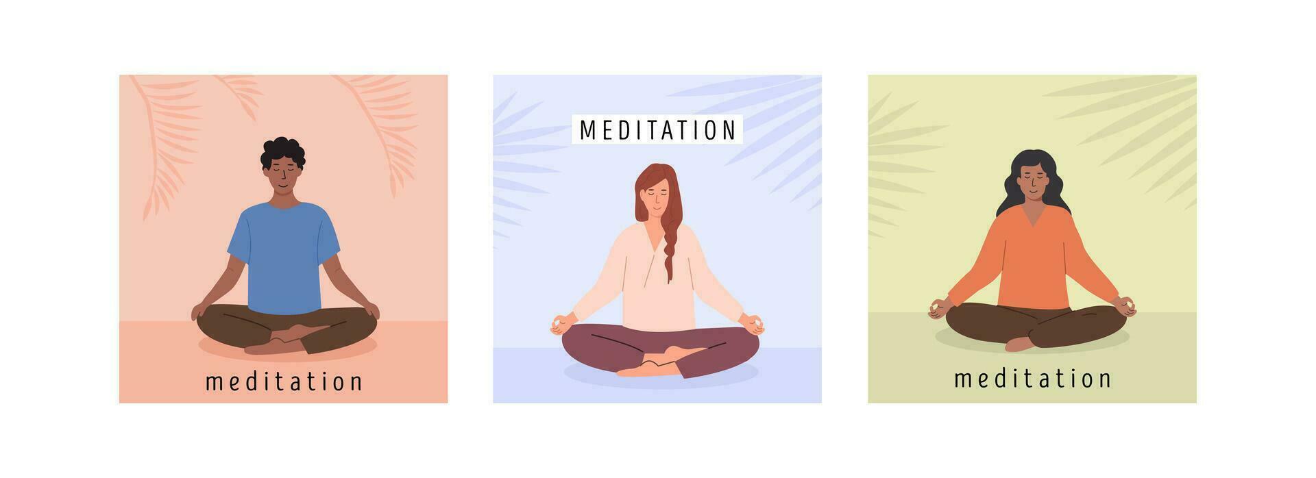 Set of square posters with diverse young male and female people meditating and doing yoga breathing exercise. Cards with capture Meditation with palm leaves on background. Flat vector illustration.