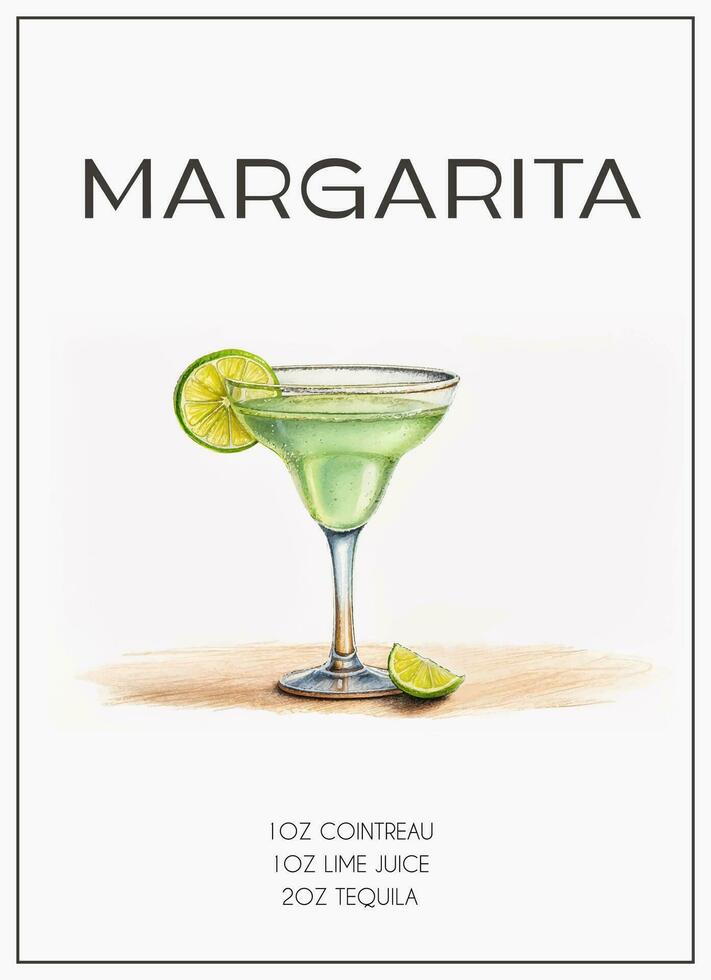 AI Generated Contemporary poster of Margarita cocktail recipe with lime wedge, cutted lemon wedge. Classic alcoholic beverage. Modern trendy print. Color detailed sketch illustration. vector