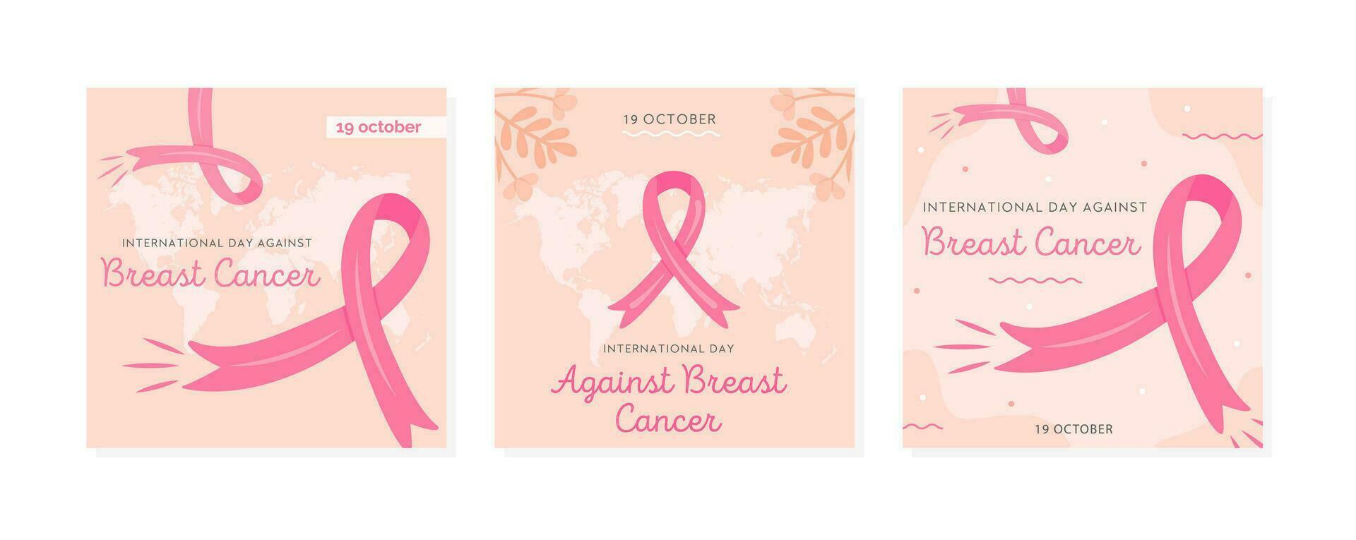 Breast Cancer awareness month card. Vector square banner template with pink cartoon ribbons. Mammary cancer solidarity campaign. Early detection saves lives caption. Illustration in flat style.