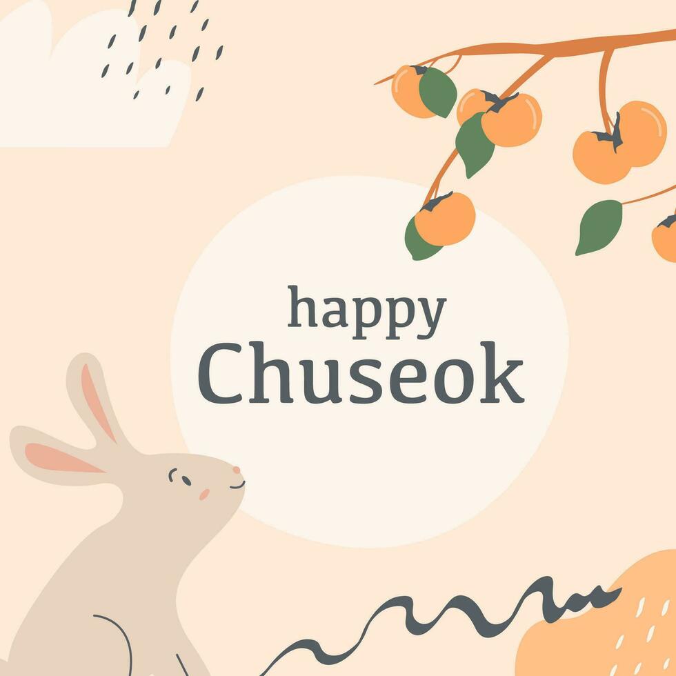 A persimmon tree brunch with fruits and rabbit looking at full moon. Greeting card for thanksgiving day in Korea. Korean traditional harvesting holiday. Happy Chuseok translation in english. Vector. vector