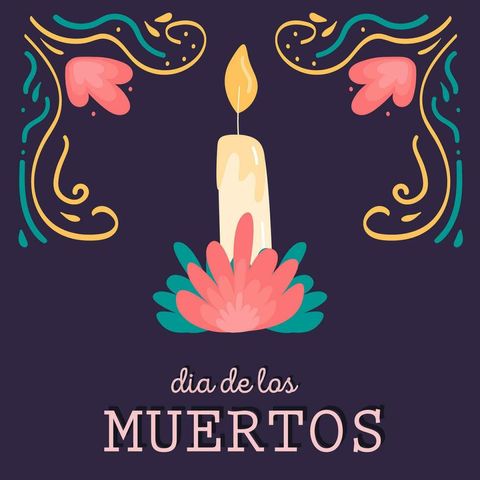 Decorative square card with sugar skull wearing sombrero. Mexican national holiday Day of the dead. Festive template for Dia de los muertos decorated by bones, flowers and cactus. Vector illustration.