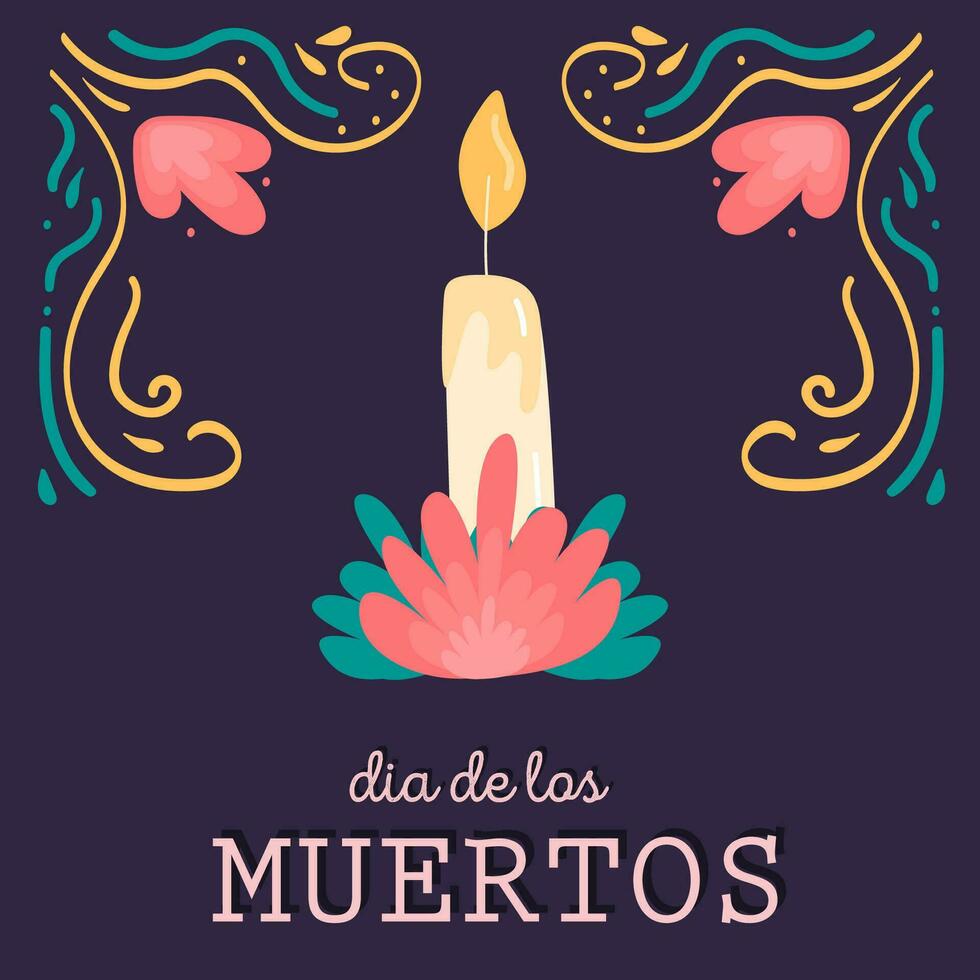 decorativo cuadrado tarjeta con azúcar cráneo vistiendo sombrero mexicano nacional fiesta día de el muerto. festivo modelo para dia Delaware los muertos decorado por huesos, flores y cactus. vector ilustración.