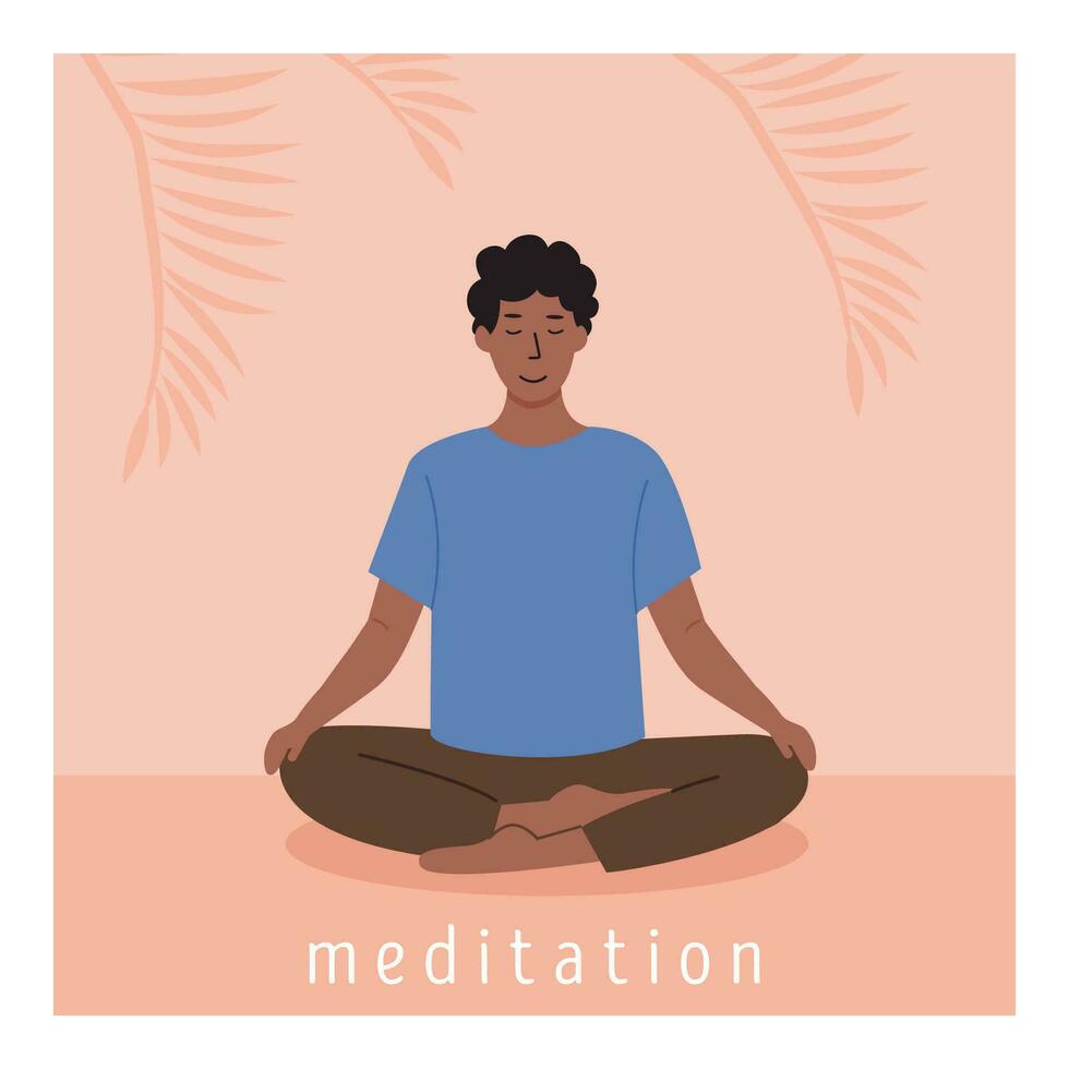 Square poster with young female meditating on lotus flower and doing yoga breathing exercise. Woman practicing Pranayama. Card with capture Meditation. Flat style vector illustration.