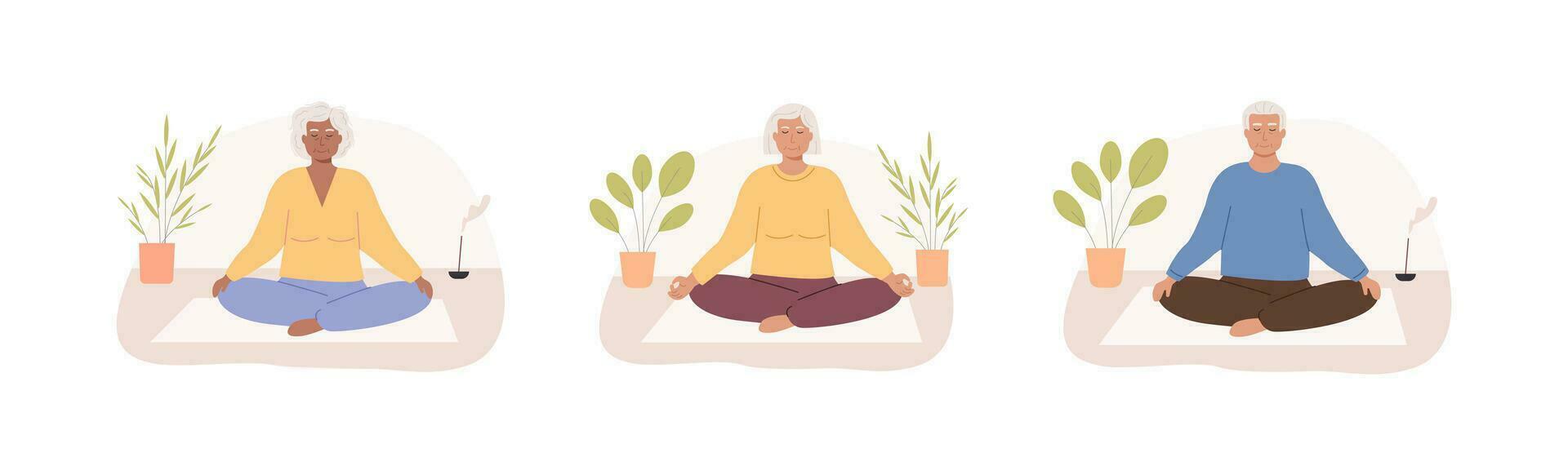 Modern elderly african woman with crossed legs and closed eyes meditating. Senior old granny sitting and practicing yoga, mindfulness meditation, breath control exercises. Vector flat illustration.
