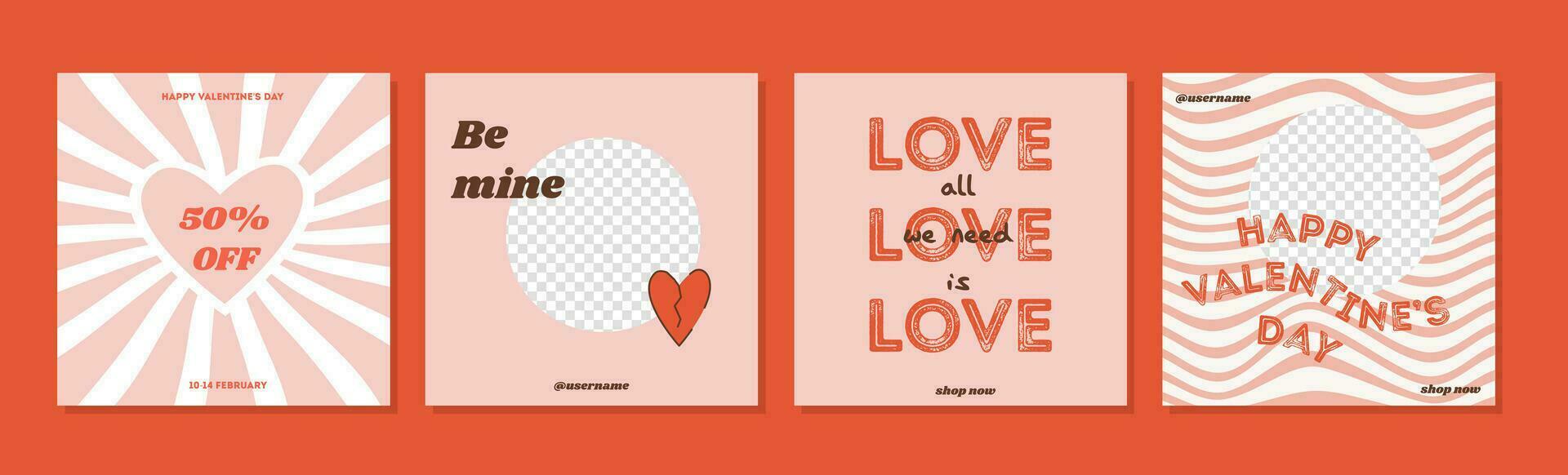 conjunto de san valentin saludo tarjetas en retro 60s 70s Años 80 maravilloso estilo. rebaja cuadrado bandera para social medios de comunicación correo. amor creativo minimalista impresión. web antecedentes. póster modelo vector plano ilustración.