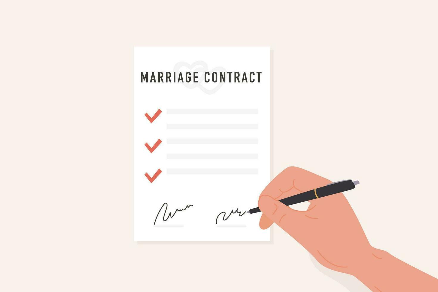 A person hand with pen signing marriage contract flat style illustration. Prenup signed certificate. Prenuptial agreement form with check marks and signatures. Divorce document. Vector illustration.